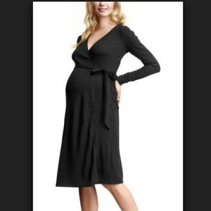 Long sleeve black faux wrap maternity dress LBD